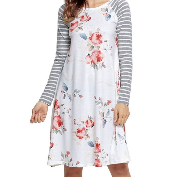 White Floral Print Stripe Raglan 3/4 sleeve Dress - Picture 5 of 5
